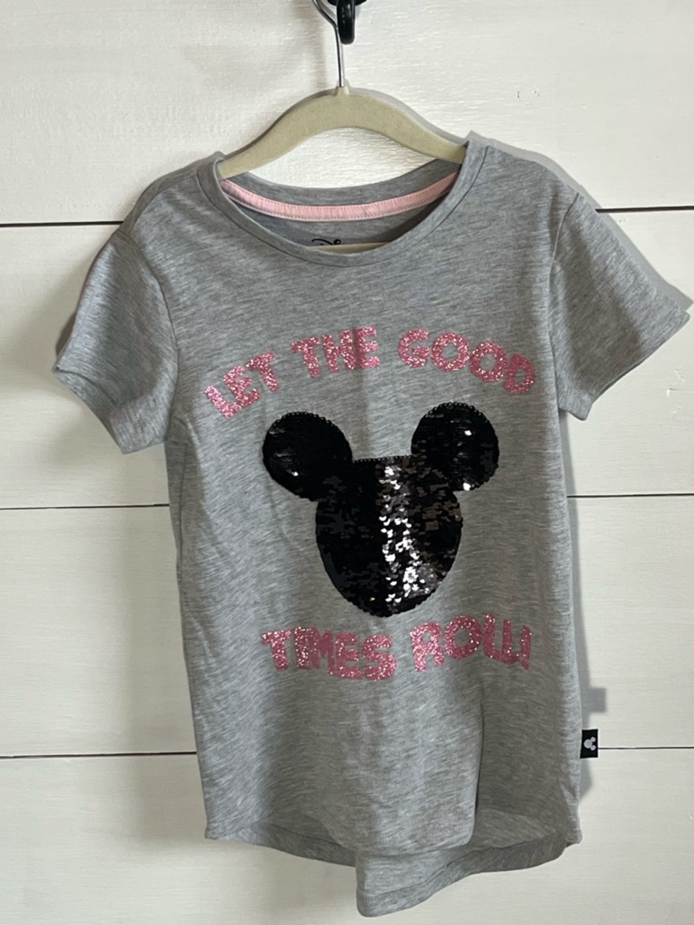 Disney Gray Tee with Black Sequin Mouse and Pink Sequin Lettering